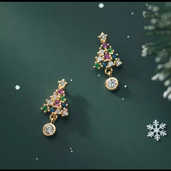 Dainty Gold Rhinestone Crystal Christmas Tree Stud Earrings - Picture 3 of 8